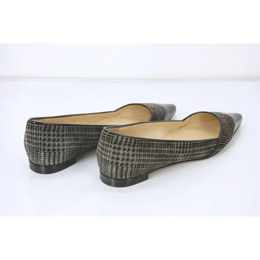 Manolo Blahnik Grey Houndstooth Tweed Ahalaya Cap Toe Ballet Flats